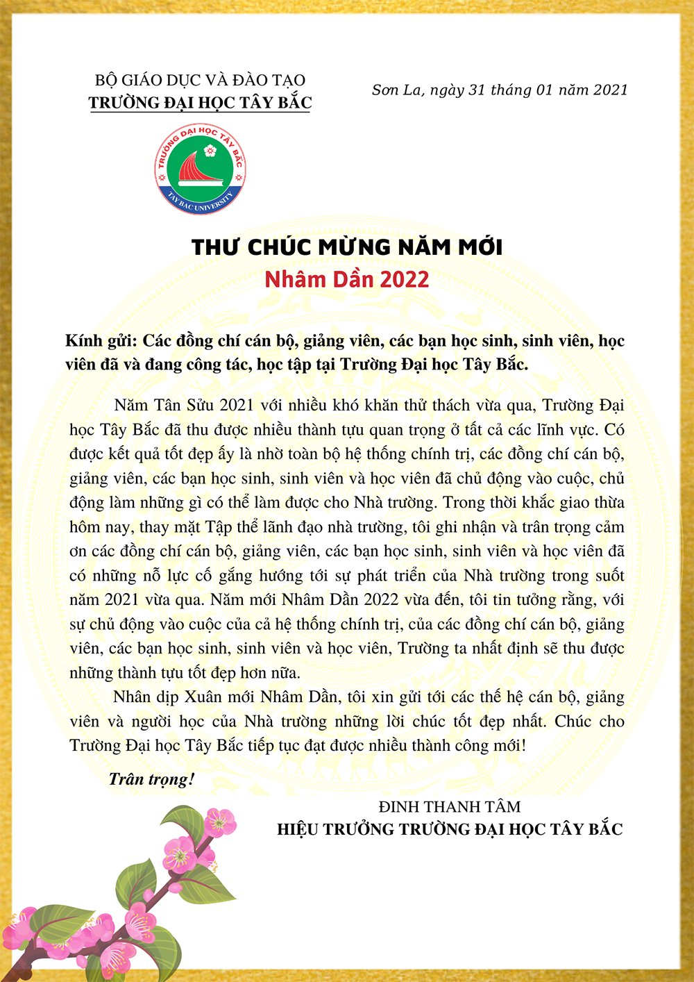 Thư chúc mừng năm mới Nhâm Dần 2022 của Hiệu trưởng Trường Đại học Tây Bắc