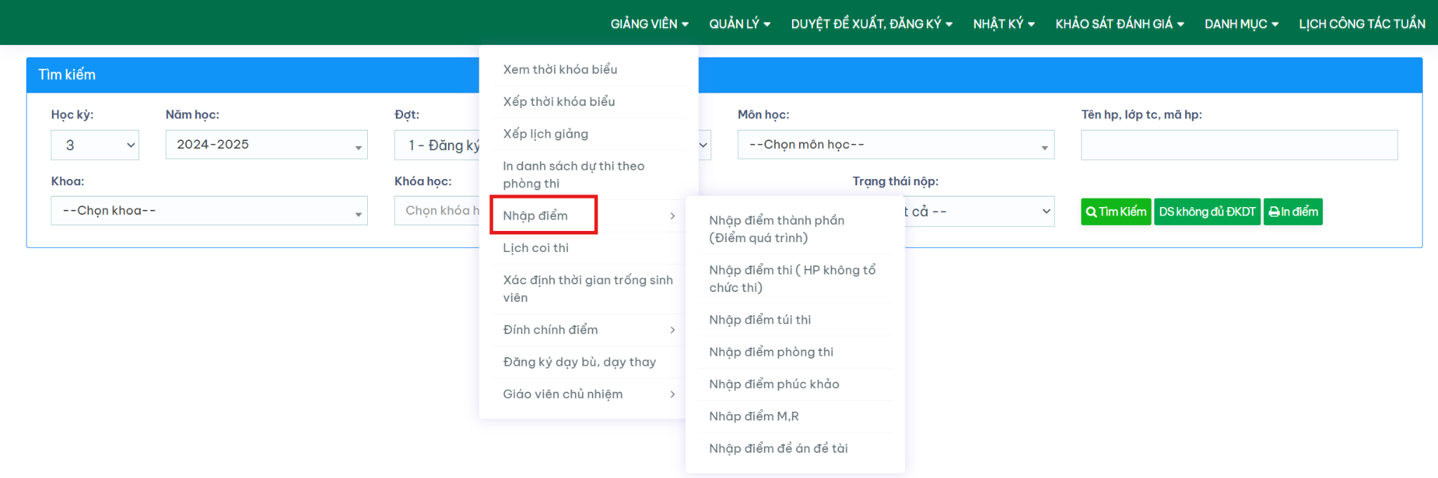 Menu Nhập điểm